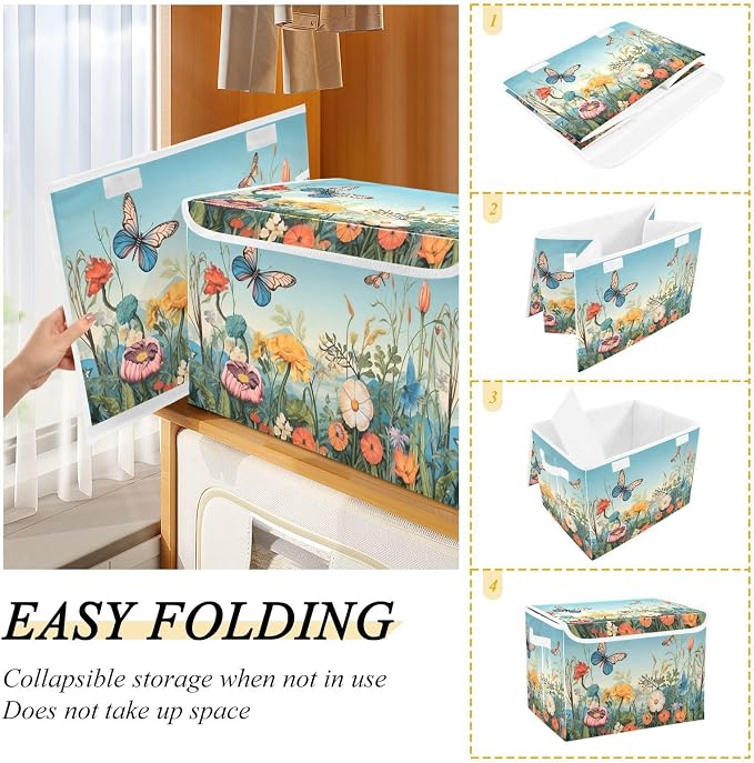 Colorful Flower Pattern Storage Bins with Lids and Carrying Handle,Foldable Storage Boxes Organizer Containers Baskets Cube with Cover for Home Bedroom Closet Office