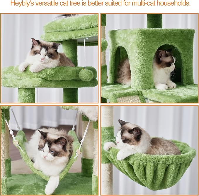Heybly Cat Tree, 71-Inch-Tall Tower for Indoor Cats with 2 Perches HCT034GR | Large Cat Furniture with 2 Big Condos, 2 Hammocks, Basket, Scratching Pad, Multi-Level Cat Condo, Green