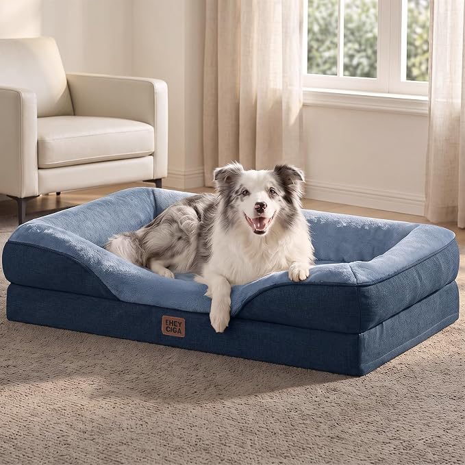 EHEYCIGA Orthopedic XL Dog Bed for Large Dog, Memory Foam Dog Couch, Navy | 42x30 Inch Extra Large Sized Dog Sofa with Sides, Waterproof Liner & Washable Removable Cover, Bolster Pet Couch