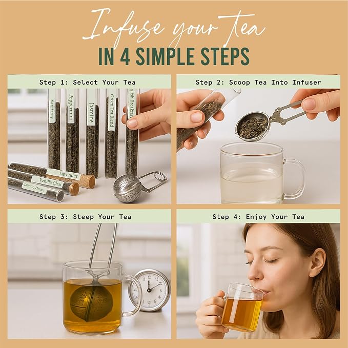 Tea Gift Set – 8 Unique Flavors with Stainless Steel Infuser | Loose Leaf Tea Sampler with Vanilla Chai, Jasmine, Green Tea & More | Tea Gift Sets for Women and Men - Gift For Dad - Pack of 9