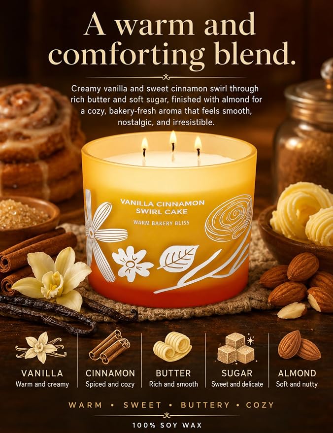 Vanilla Cinnamon Swirl Cake Candle | Large 3 Wick Scented Soy Candle for Home | 14.5oz Cinnamon Sugar Vanilla Bakery Candle | Warm Cake Batter Candles | Long Lasting Clean Burn | Gift for Women & Men