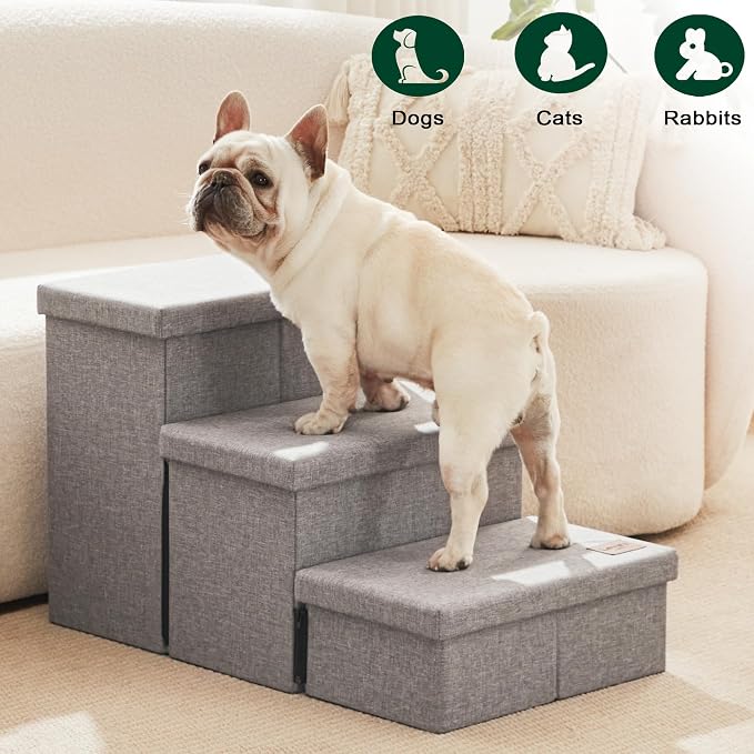 Love's cabin Dog Stairs for High Bed, Foldable Pet Stairs for Small Medium or Large Dogs Puppy with Storage for Bed or Couch, Cat Dog Steps Ramp with Zip up to 200 lbs, Solid Grey, 3 Steps