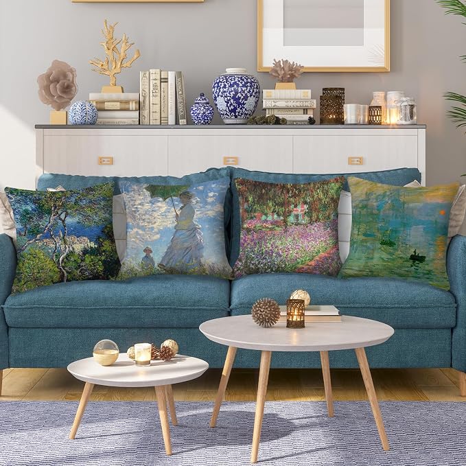 Claude Monet Painting Throw Pillow Covers 18x18 inches Set of 4 Sunrise The Impression Art Painting Pillow Cases Square Decorative Cushion Covers for Sofa Couch Car