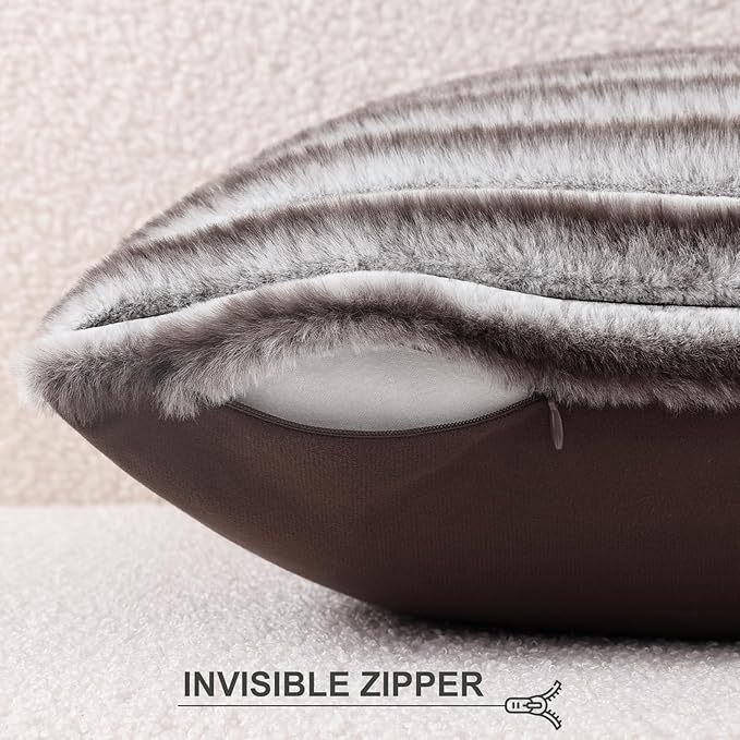 Pallene Faux Fur Decorative Throw Pillow Covers 22x22 Set of 2, Ombre Brown | Luxury Plush Texture, Striped Design, Cozy Soft Touch, Modern Home Accent Decor for Couch, Sofa, Bed, Living Room