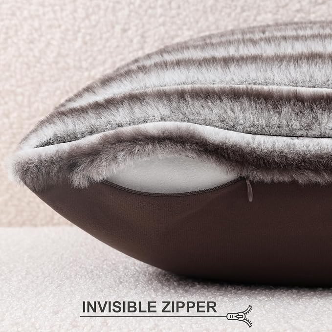 Pallene Faux Fur Decorative Throw Pillow Covers 12x20 Set of 2, Ombre Brown | Luxury Plush Texture, Striped Design, Cozy Soft Touch, Modern Home Accent Decor for Couch, Sofa, Bed, Living Room