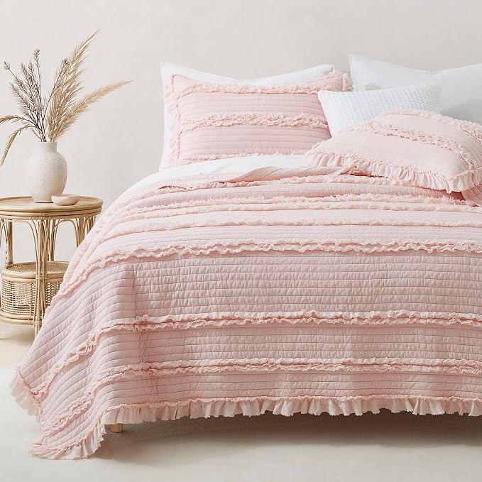 HORIMOTE HOME Ultra Soft Ruffle Fringed Quilt Twin Size,Shabby Chic Rustic Pink Bedding Set, Stone Washed Boho Decorative Quilt with 1 Pillow Shams for All Season