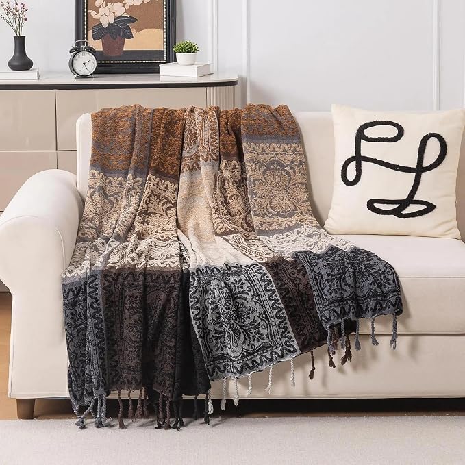Boho Throw Blanket, Chenille Jacquard Tassels Throw Blankets for Bed Couch Soft Chair， Bohemian Fringe Tassels (Black, Large 86 * 102Inches)