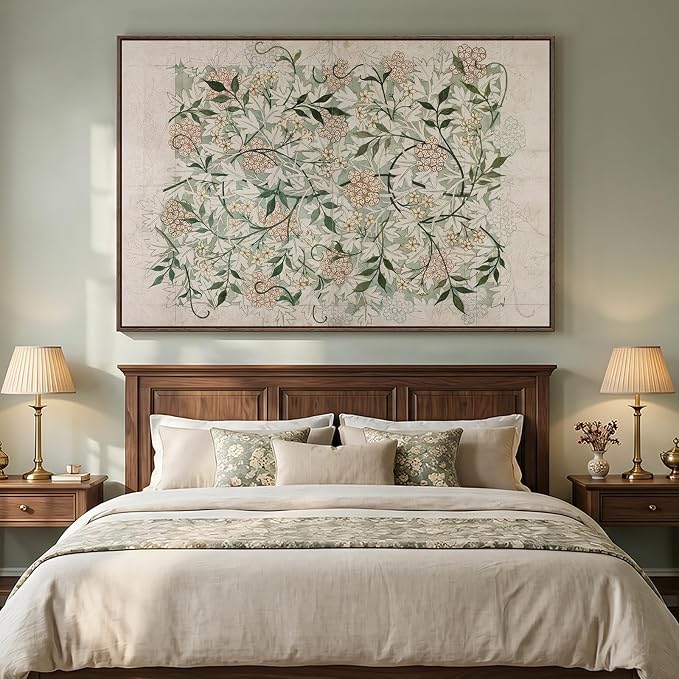 Extra Large Framed William Morris Wall Art for Living Room, Oversized Neutral Sage Green Vintage Canvas Artwork for Walls, Botanical Painting Print for Dining Room Bedroom Hallway Wall Decor, 72x48 In