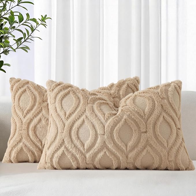 decorUhome Faux Fur Soft Light Khaki Throw Pillow Covers 12x20 Set of 2 | Plush Solid Fall Couch Pillow Covers, Accent Modern Farmhouse Neutral Decorative Square Pillow Cases for Sofa Bed Living Room