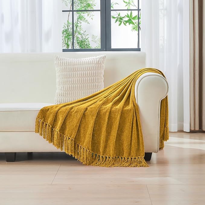 CozeCube Chenille Throw Blanket, Harvest Gold Fringe Blanket, 50"X60" | For Couch, Cozy Plush Fuzzy Decorative Blanket with Fringe Tassels, Lightweight Throws for Bed Sofa Gift Home Decor