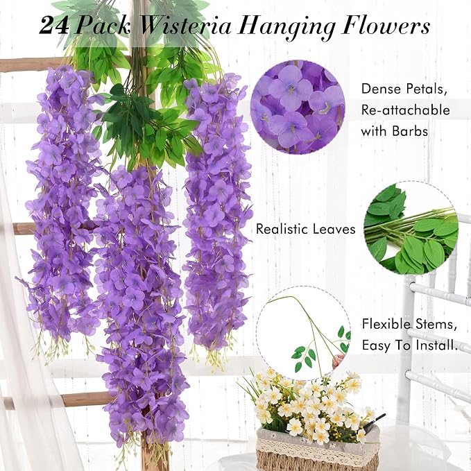 Wisteria Hanging Flowers, 24 Pack Fake Flowers Garland, 3.6 Feet/Pcs Purple Wisteria Artificial Flowers, Hanging Vines for Bedroom Wedding Home Party Wall Decoration
