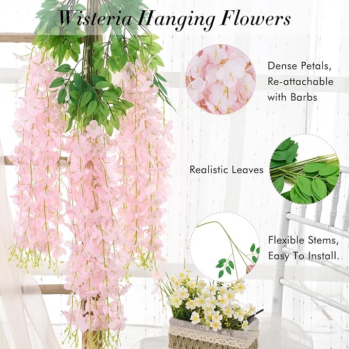 40Pcs Light Pink Wisteria Hanging Flowers,Fake Hanging Flowers | Hanging Flowers for Decoration, Vines for Bedroom,Flower Garland for Home,Party,Garden, Wall,Wedding Decoration(3.6 Ft/Pcs)