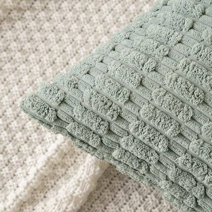 MIULEE Corduroy Decorative Throw Pillow Covers 16x16 Grey Green Pack of 2 | Soft Boho Striped Pillow Covers Modern Farmhouse Home Decor For Sofa Living Room Couch Bed