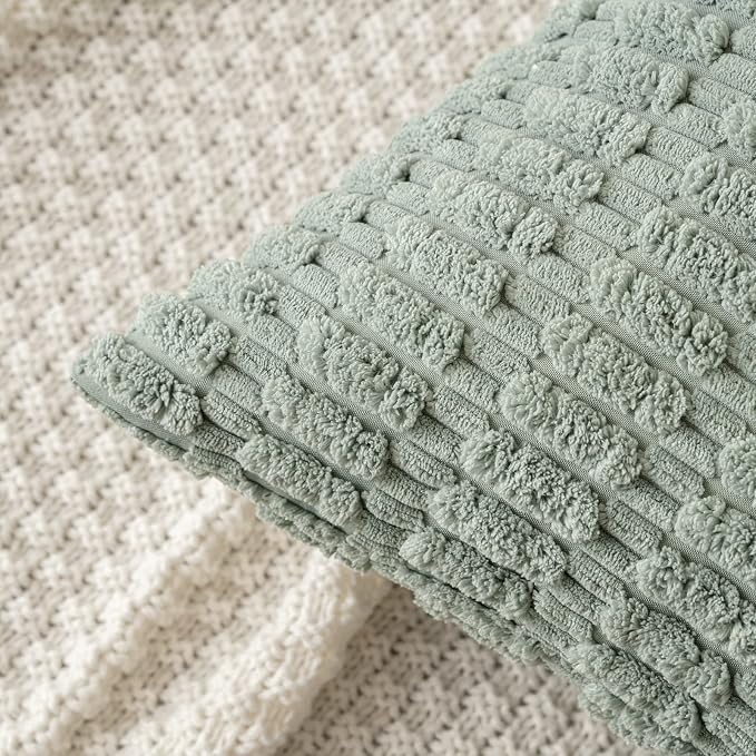 MIULEE Lumbar Corduroy Decorative Throw Pillow Covers 12x20 Grey Green | Pack of 2 Soft Boho Striped Pillow Covers Modern Farmhouse Home Decor For Sofa Living Room Couch Bed