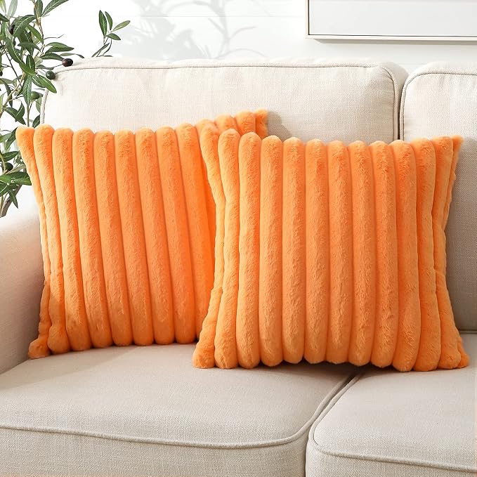 Soleebee Set of 2 Throw Pillow Covers Soft Cozy Velvet Pillowcase Faux Rabbit Fur Cover for Couch Sofa Bed Chair Home Decorative Pillows Cover (22x22 Inch, Orange)