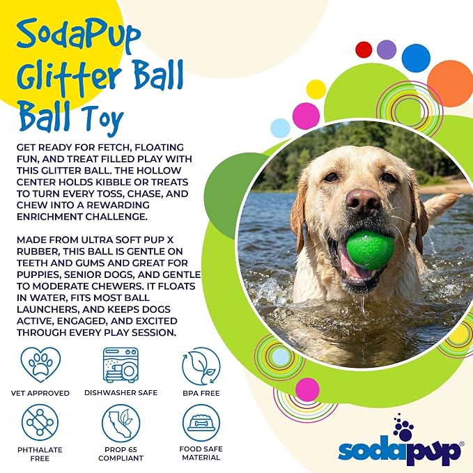 SodaPup Glitter Ball – Soft Dog Ball Toy, Floating Fetch Ball and Treat Dispenser Made in USA from Non-Toxic Pet Safe Food Safe PUP-X Rubber for Bonding, Physical Exercise, & More