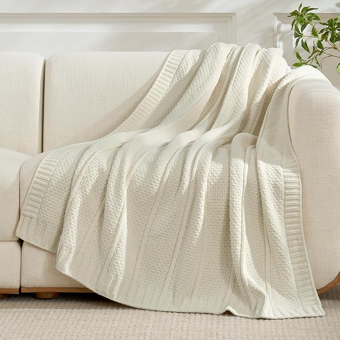 Chenille Throw Blanket for Couch, Soft Cozy Chunky Knit Blanket, Moss Stitch Throw for Sofa, Bed, Living Room, Lightweight Warm Home Decor, Cream White 60"x80"