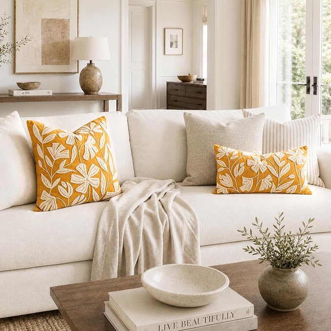Throw Pillow Cover 20x20 Inch, Mustard Floral Tufted Velvet Decorative Accent Pillow Case for Sofa Bed Living Room, Cover Only