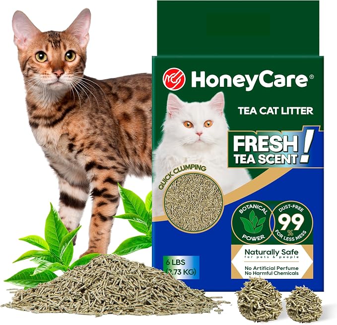 HoneyCare Tea Cat Litter | Natural Plant-Based Formula | Long-Lasting Odor Control | 99% Dust-Free & Low Tracking | Flushable Cat Litter | 6-lbs