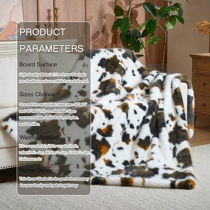 Luxury Fluffy Faux Fur Throw Blanket,Thick Fluffy Silky Fuzzy Cozy Blanket,Plush Blankets for Couch, Sofa, Chair, Bed-Cow Print-Brown 50 * 60inch
