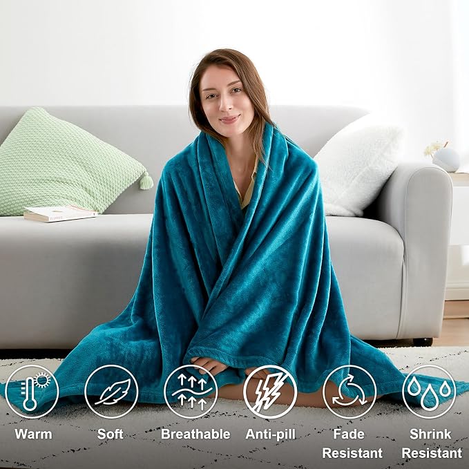 Hansleep Twin Teal Fleece Blanket, Soft Flannel Bed Blanket | Fuzzy Cozy Blanket 60x80 Inches, Multi-use for Bed, Sofa, Couch, Travel, Camping, All Season Warm Lightweight Cover