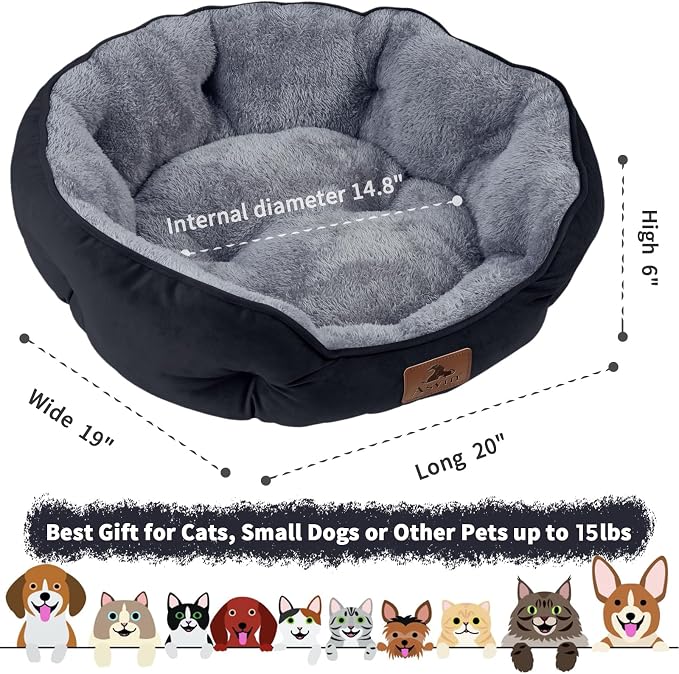 Small Dog Bed for Small Dogs, Cat Beds for Indoor Cats, Pet Bed for Puppy and Kitty, Extra Soft & Machine Washable with Anti-Slip & Water-Resistant Oxford Bottom, Black, 20 inches