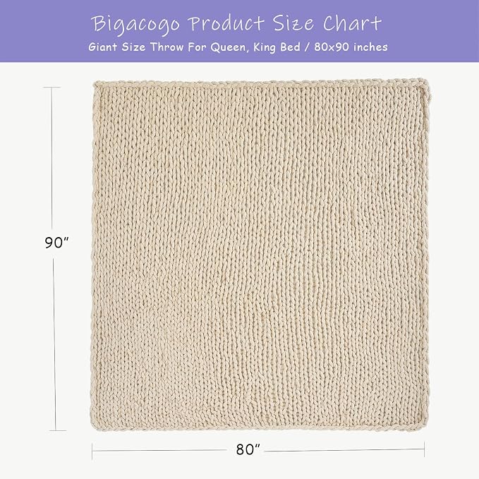 Bigacogo Chunky Knit Throw Blanket for Couch, 80x90 inches, Beige | Hand Knit with Jumbo Chenille, Soft Breathable Cable Knit for Sofa Bed Living Room, Machine Washable, Gift for Mom Friend