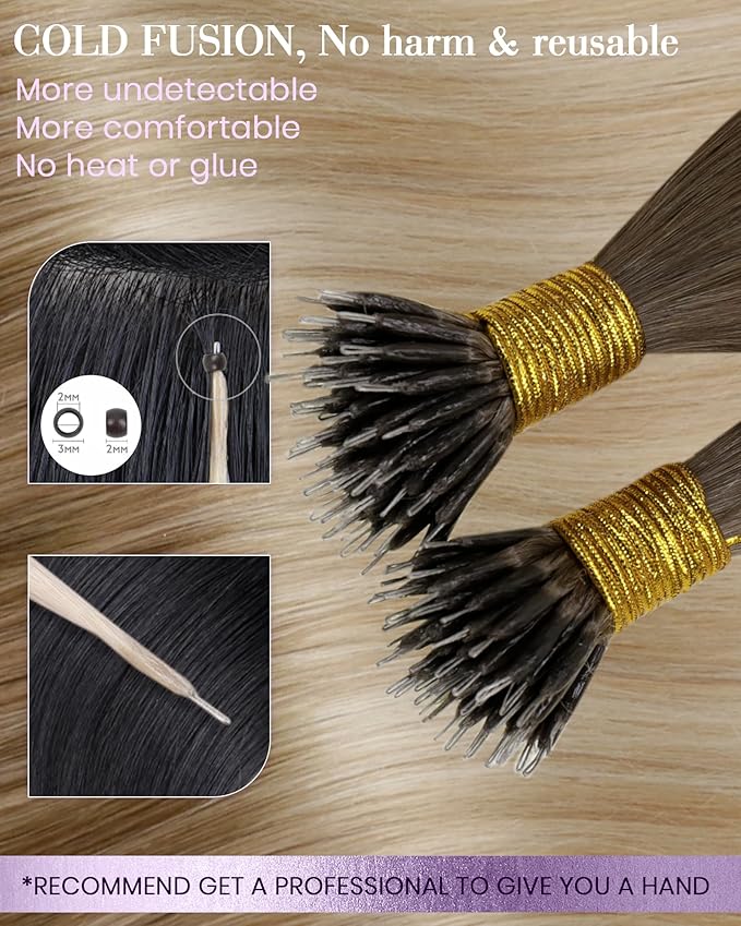 LaaVoo Nano Bead Human Hair Extensions Ombre Light Brown to Ash Blonde with Platinum Blonde Nano Hair Extensions Human Hair Silky Straight 22 Inch 50g/s
