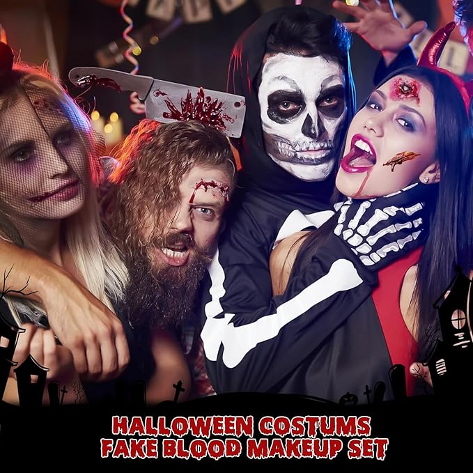 Halloween Fake Blood Makeup Kit - Includes Realistic Coagulated Blood Gel, Fake Blood Spray, Dripping Blood, Stage Blood, for Zombie Vampire Cosplay Party Mouth Clothes