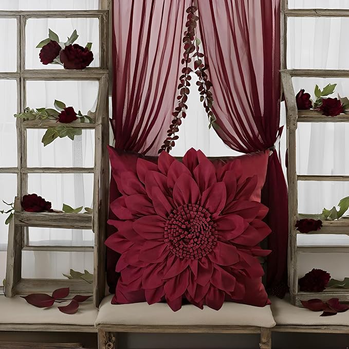 Burgundy Accent 3D Flower Decorative Throw Pillow Covers for Bed Sofa Couch | Bella's Giftshop Handmade Sunflower Taffeta Pillow Cases Living Room Bedroom Decor, 18x18 Inch