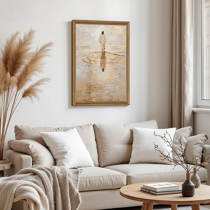 Fantasy Artists Christian Wall Art – Jesus Walking on Water Inspirational Painting, Warm Gold Faith Artwork for Home & Prayer Room, Religious Decor Symbolizing Hope, Trust & Divine Strength, 24W X 36H