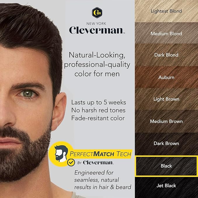 2X Reusable Hair & Beard Dye for Men – Black | Up to 10 Uses, 7 Minutes | Natural Gray Coverage, No-Drip Cream with SkinArmour® – Cleverman