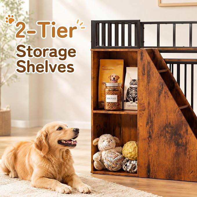 37" Dog Crate Furniture, Wooden Dog Kennel Indoor w/Storage(Rustic Brown) | Heavy Duty Pet Cage Indoor for Small & Medium Dogs, Dog Kennel with Storage Shelf, 4 Lockable Wheels and Stairs, Loft-Style