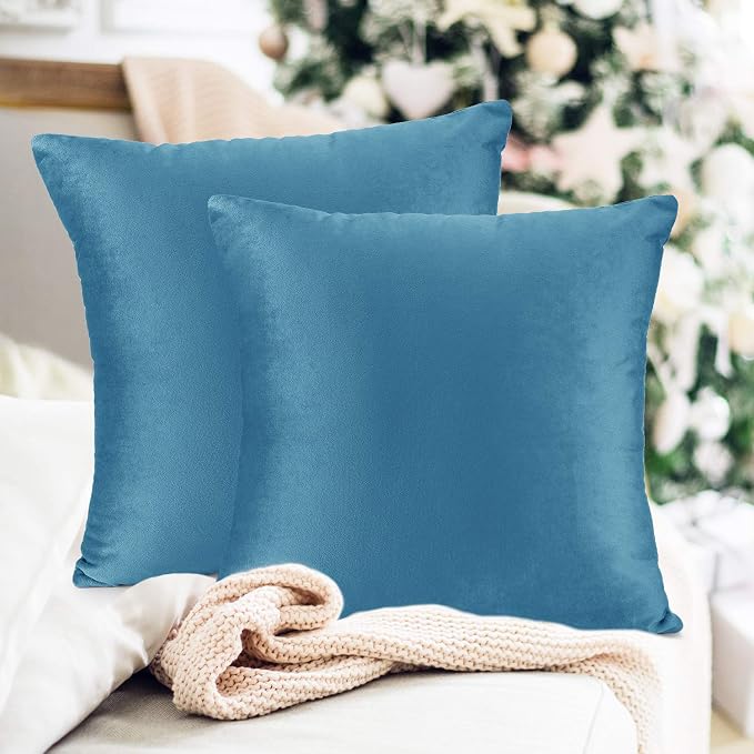 Throw Pillow Inserts Pack of 2 with Velvet Soft Solid Decorative Square Throw Pillow Covers Set for Sofa Couch Car Bedroom, 20X20 Throw Pillows Inserts with 18x18 Washable Cushion Covers, Blue Haven