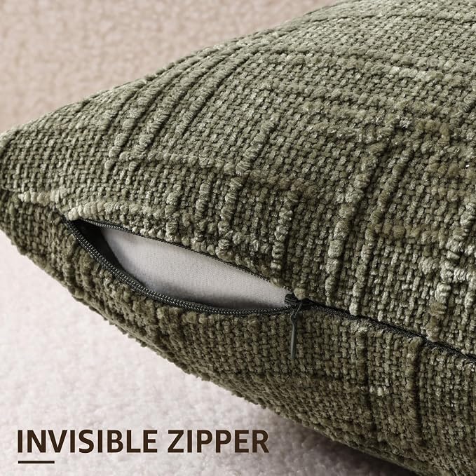 decorUhome Textured Chenille Throw Pillow Covers 12x20 Set of 2 Army Green | Fall Modern Farmhouse Soft Cozy Slubby Couch Pillow Cases Boho Decorative Pillow Cases for Bed Sofa Living Room Home Decor