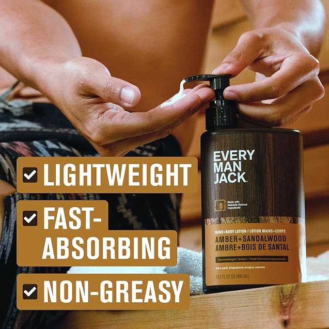 Every Man Jack Mens Amber + Sandalwood Hand & Body Lotion for All Skin Types - Dermatologist Tested & Hypoallergenic - Nourish Skin with Lightweight Fast Absorbing Lotion - 13.5oz 2 Bottles