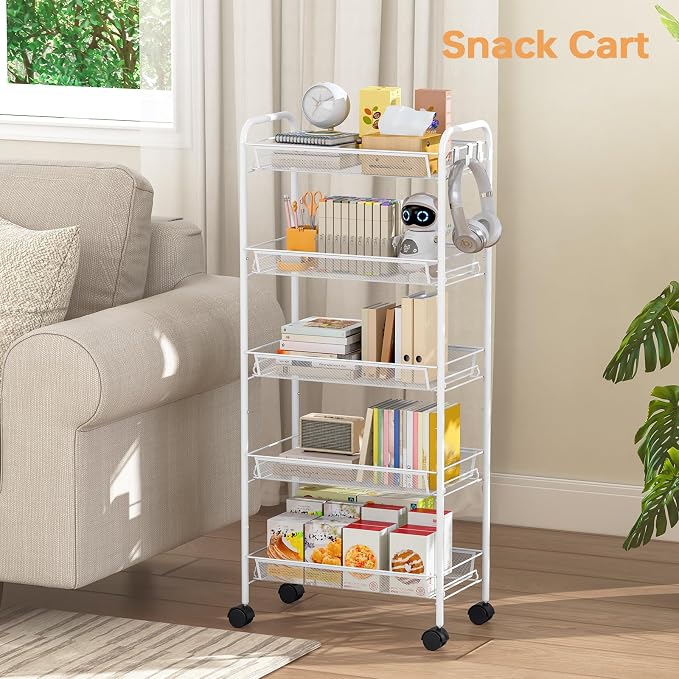 TOOLF 5 Tier Rolling Cart, Metal Utility Storage Cart with Wheels, White | 3 Hooks, Screwless Assembly, Trolley Organizer for Bathroom, Kitchen, Office, Nursery, Dorm, Laundry Room