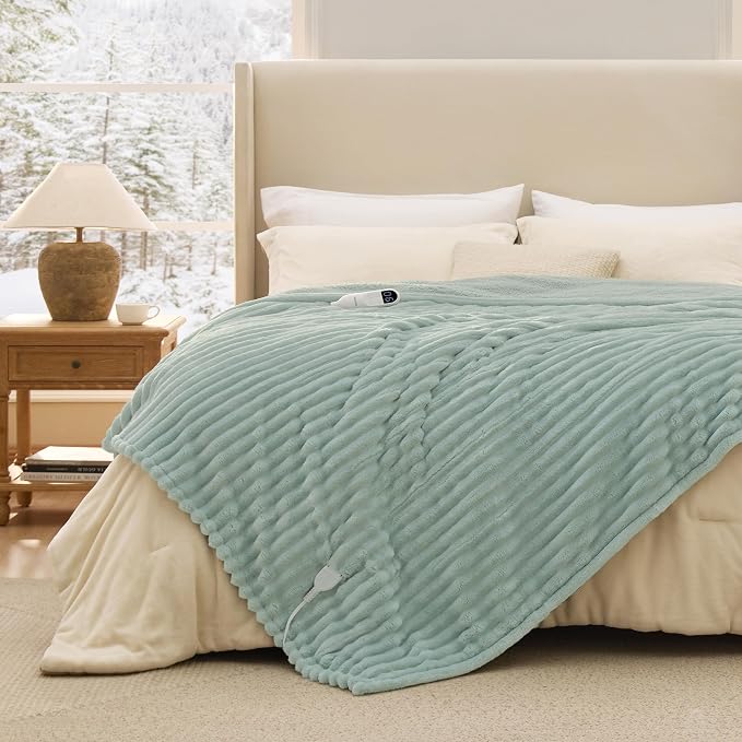 Bedsure Heated Blanket Full Size - Thick Striped Fast Heating Electric Blanket with Preheat Function, 6 Heat & 6 Timer (Up to 10H), 8H Auto Off, ETL Certified, Gift for Grandma (72"x84", Green)