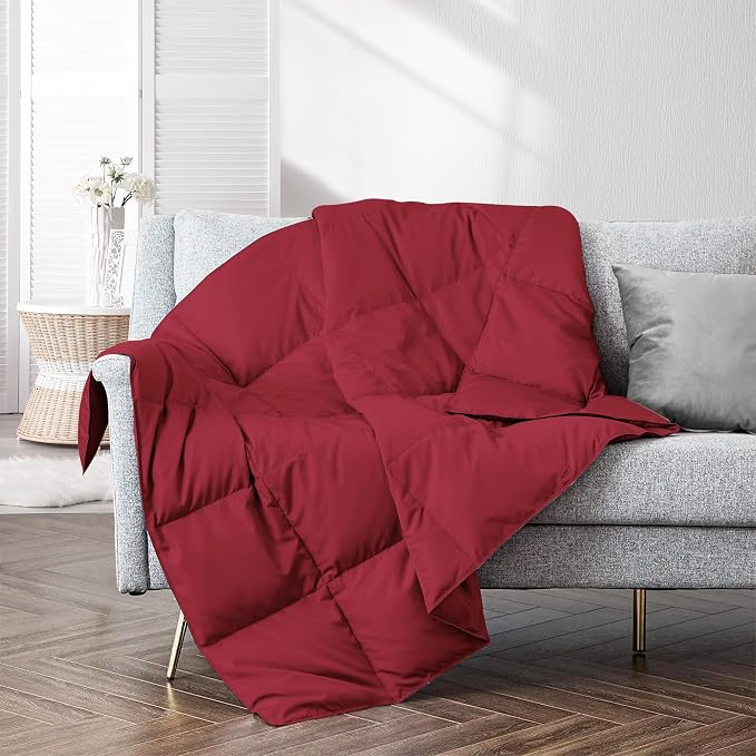 puredown® Soft Feather Down Throw Blanket Lightweight Packable Couch Throw for Indoor and Outdoor Use, Throw 50"X70", Wine