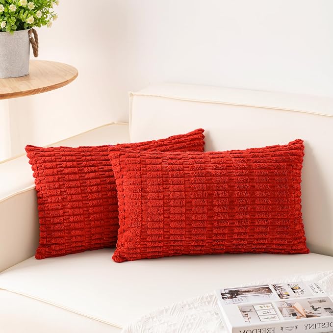 Aegero Pack of 2 Corduroy Decorative Throw Pillow Covers 12x20 Inch, Red | Fall Soft Striped Pillow Covers Modern Farmhouse Home Decor Christmas Throw Pillow Covers for Sofa Living Room Couch Bed