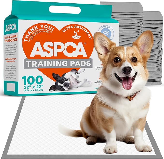 ASPCA Puppy Training Pads, 22"x 22", Fresh Scent, 100 Count | Scented dog pee pads help control odors with ultra absorbent quick-dry gel, leakproof layers and potty training protection.