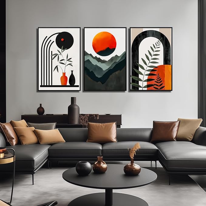 Framed Boho Wall Art for Living Room, Bohemian Canvas Wall-Decor for Bedroom, Mountian Moon and Geometric Shapes Picture Prints, Size 24 x 36 Inches 3-Pieces