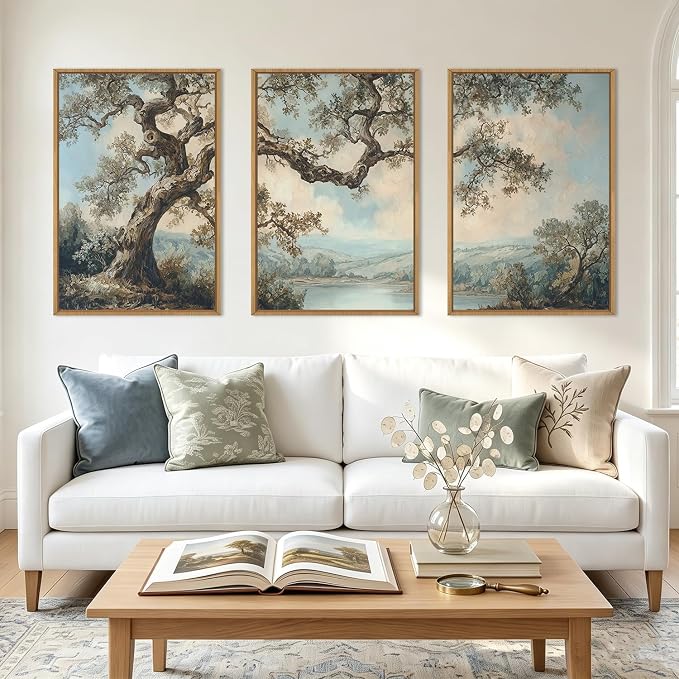 BINCUE Vintage Tree Wall Art Framed Rustic Forest Paintings Neutral Landscape Wall Decor Canvas Mountains Lake Artwork Abstract Tree Prints for Living Room Bedroom Office 24 "Lx36 W Set of 3
