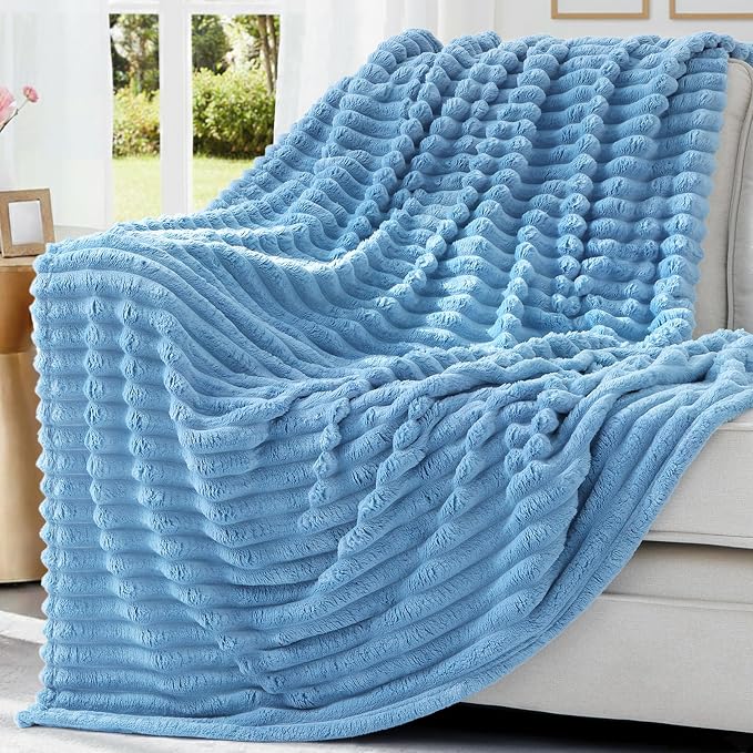 decorUhome Blue Fleece Queen Blanket 90x90 Inches | Soft Fleece Bed Cozy Fluffy Plush Flannel Large Striped Throws for Couch Sofa, Decorative Fuzzy Blanket for Woman