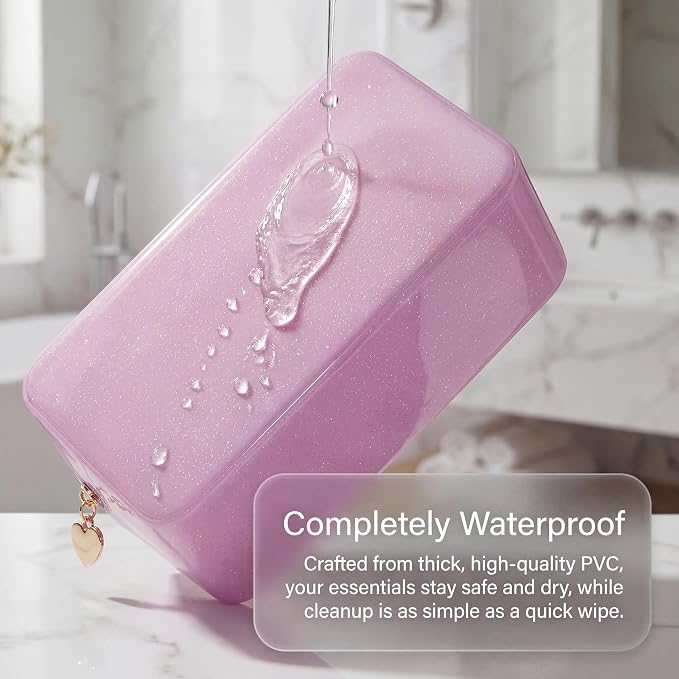 RSRSLEII Stardust Twinkle Jelly Travel Makeup & Toiletry Bag, Waterproof PVC Cosmetic Bag/Case for Women，Zipper SPF Beach Bag for Sunscreen Skincare and Daily Essentials (05Pink-Large)