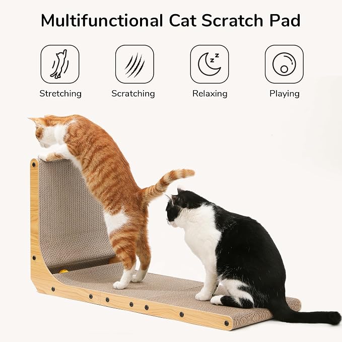 FUKUMARU Cat Scratcher for Indoor Cats, 32.7 Inch L Shaped Cat Scratch Pad | Extra Large Cardboard Cat Scratcher for Wall Sofa, Vertical Cat Scratching Board with Ball Cat Toy, Tall Cat Scratching Post