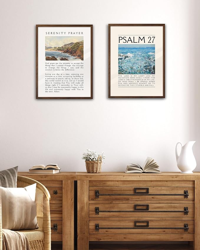 EcoHest 12x16 in Serenity Prayer Mountain Framed Christian Wall Art | Walnut Color Solid Oak Frame，Canvas Wall Art, Scripture Bible Verse Wall Decor for Bedroom, Living Room, Office, Church,1Pack