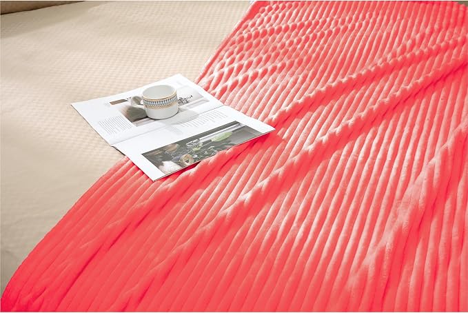 Vessia Flannel Fleece Throw Blanket for Couch,Sofa,Bed, 300GSM Striped Red Blanket for Adults and Kids, Super Soft Warm Cozy Lightweight Ribbed Throw for All-Season
