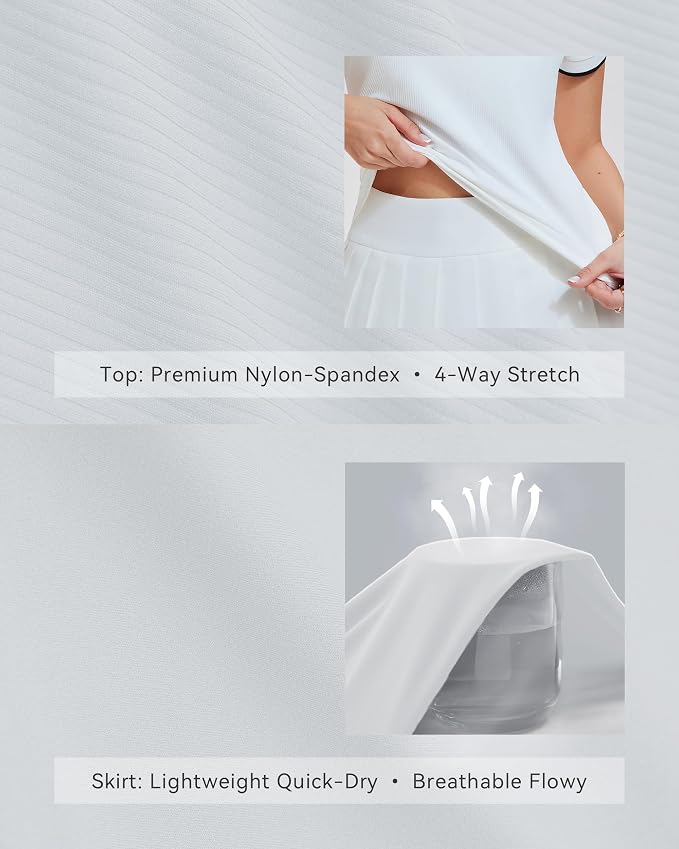 Mudere Golf Outfits for Women Tennis Skirt Set Polo Top Pleated Skort | Ribbed Short Sleeves, Built-In Shorts, Side Pocket, Nylon Spandex Blend, Pickleball Running Dress, Versatile Athletic Wear