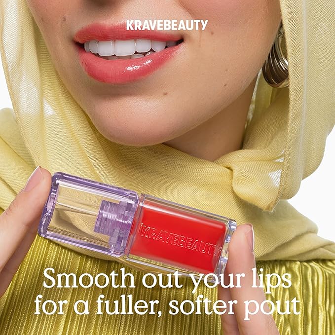 KraveBeauty Plumptuous Lip Jelly 0.24 fl oz, Antioxidant-rich Lip Oil with a Sheer & Buildable Tint, Non Sticky Formula For Fuller Looking Lips, Vegan & Cruelty Free, Iced Persimmon